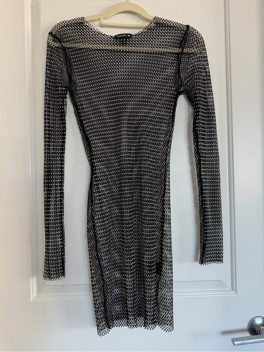 Rhinestone Black Mesh Sheer Long Sleeve Bodycon Dress Justify Festival Rainbow